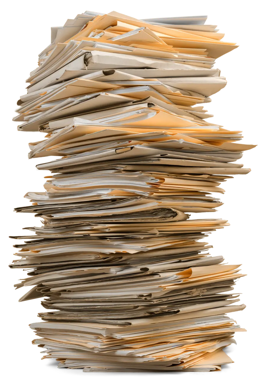 A tall stack of paper files representing a physical business archive