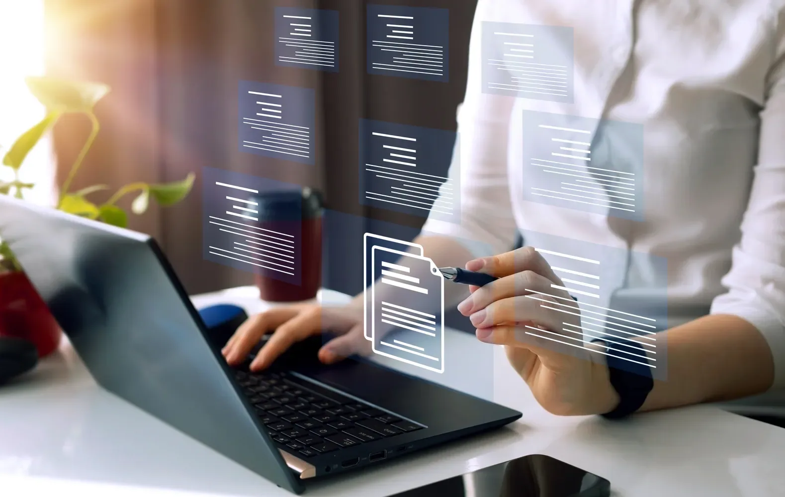A person working with documents represented as structured digital information