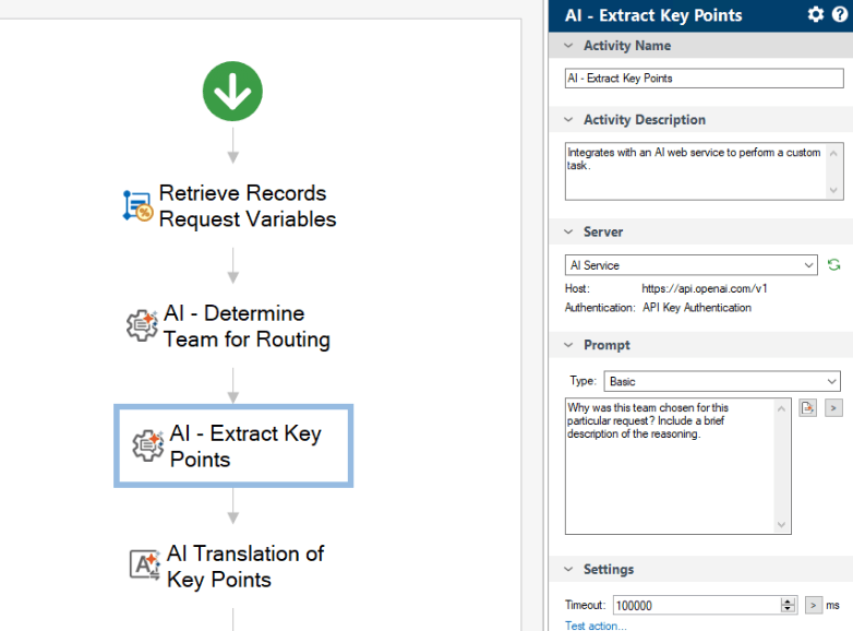 Laserfiche 12 Workflow with AI activities for routing, extracting key points and translation, alongside the selected activity settings.