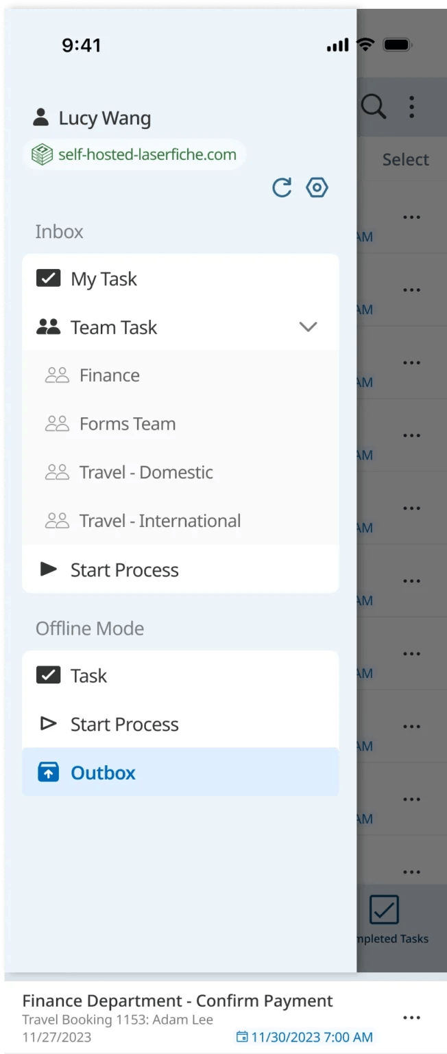Laserfiche Forms mobile app showing personal and team tasks, process start options and an outbox.