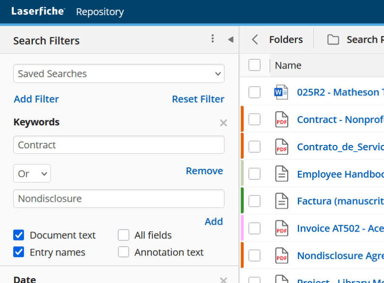 Laserfiche repository showing keyword filters and document search results.