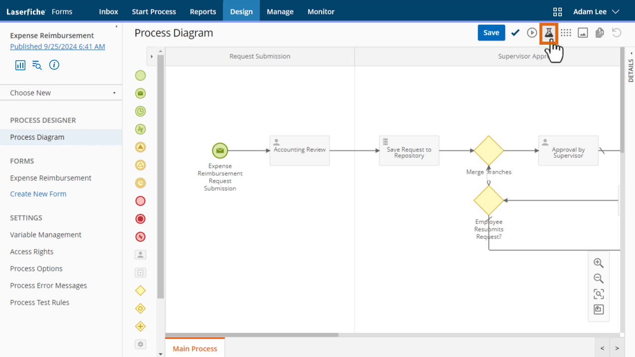 Laserfiche Forms expense workflow connecting submission, accounting review, repository filing and supervisor approval.