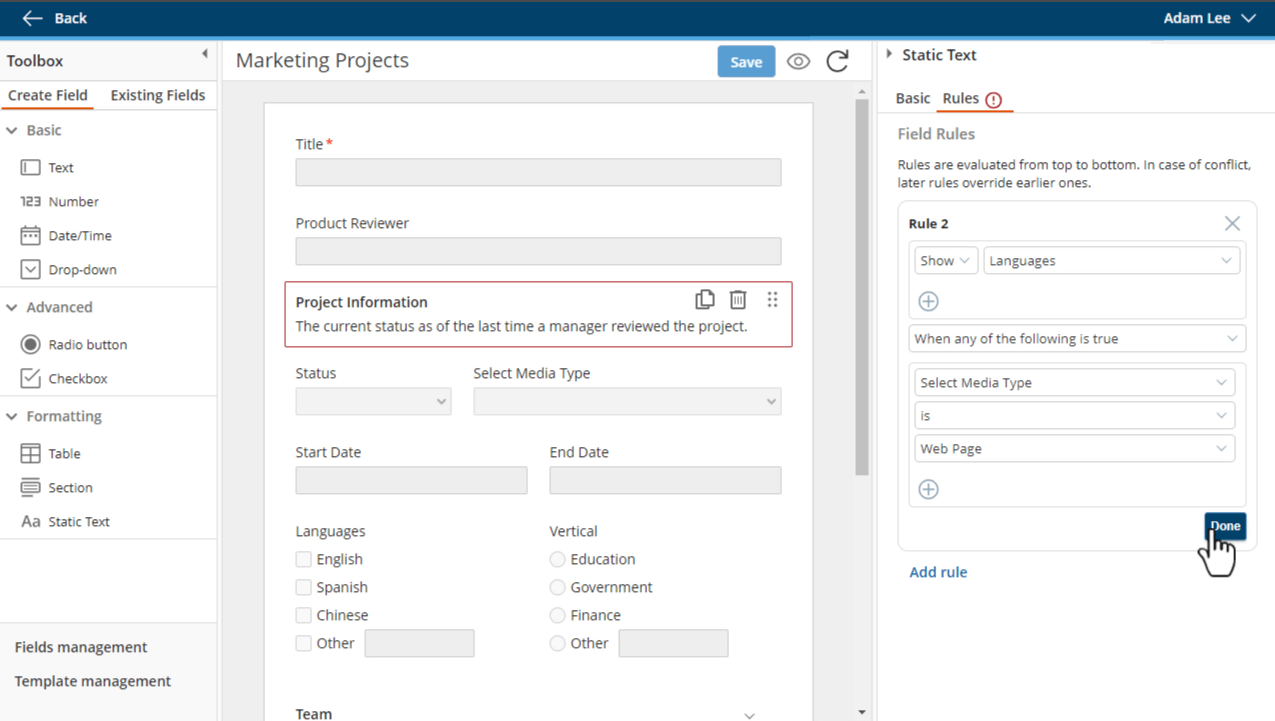 Laserfiche metadata designer with a Marketing Projects template and conditional field rules.